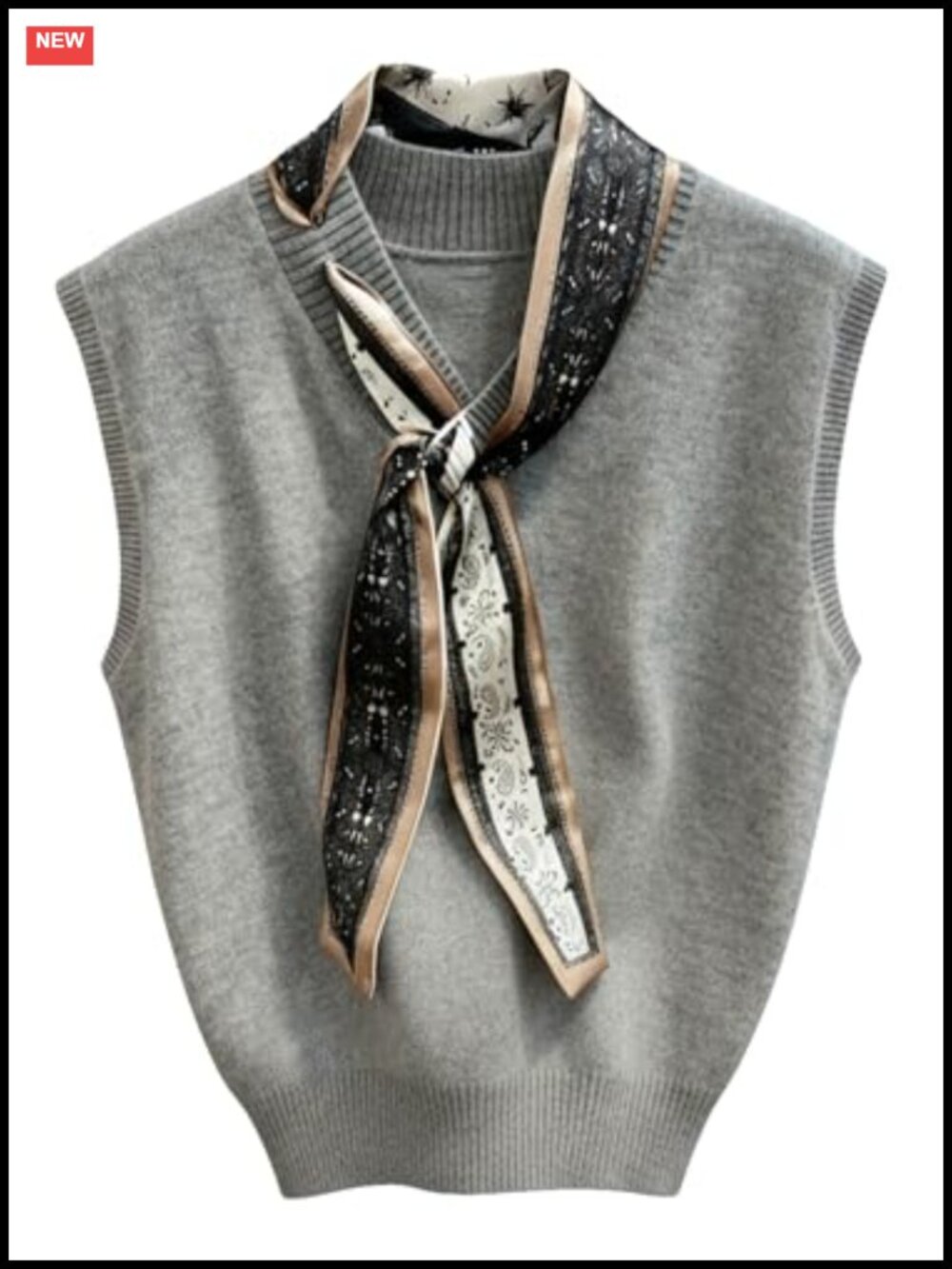 Sleeveless Sweater Vest V Neck Tank Top with Silky Scarf